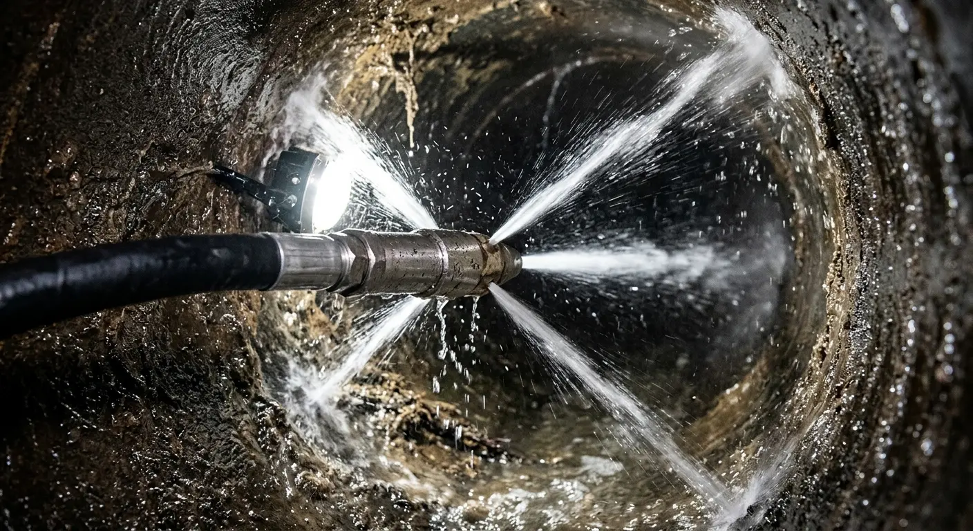 High-pressure hydro jetting nozzle cleaning sewer pipe for Trenchless Sewer Repair in Lower Makefield