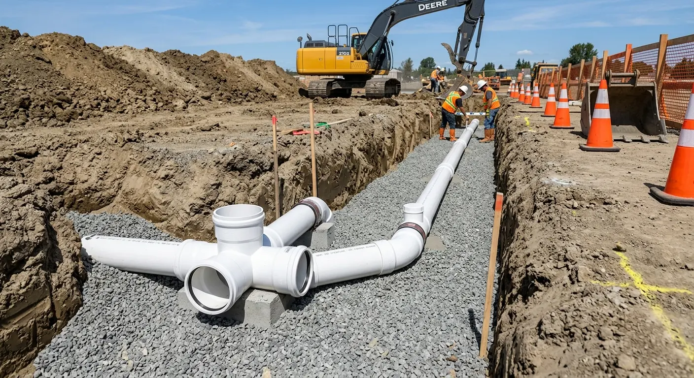 New PVC sewer pipe installation in open trench for Grease Trap Cleaning in Lower Makefield
