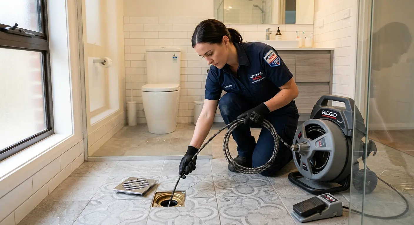 Technician clearing a bathroom floor drain for Sewer Line Installation in Lower Makefield